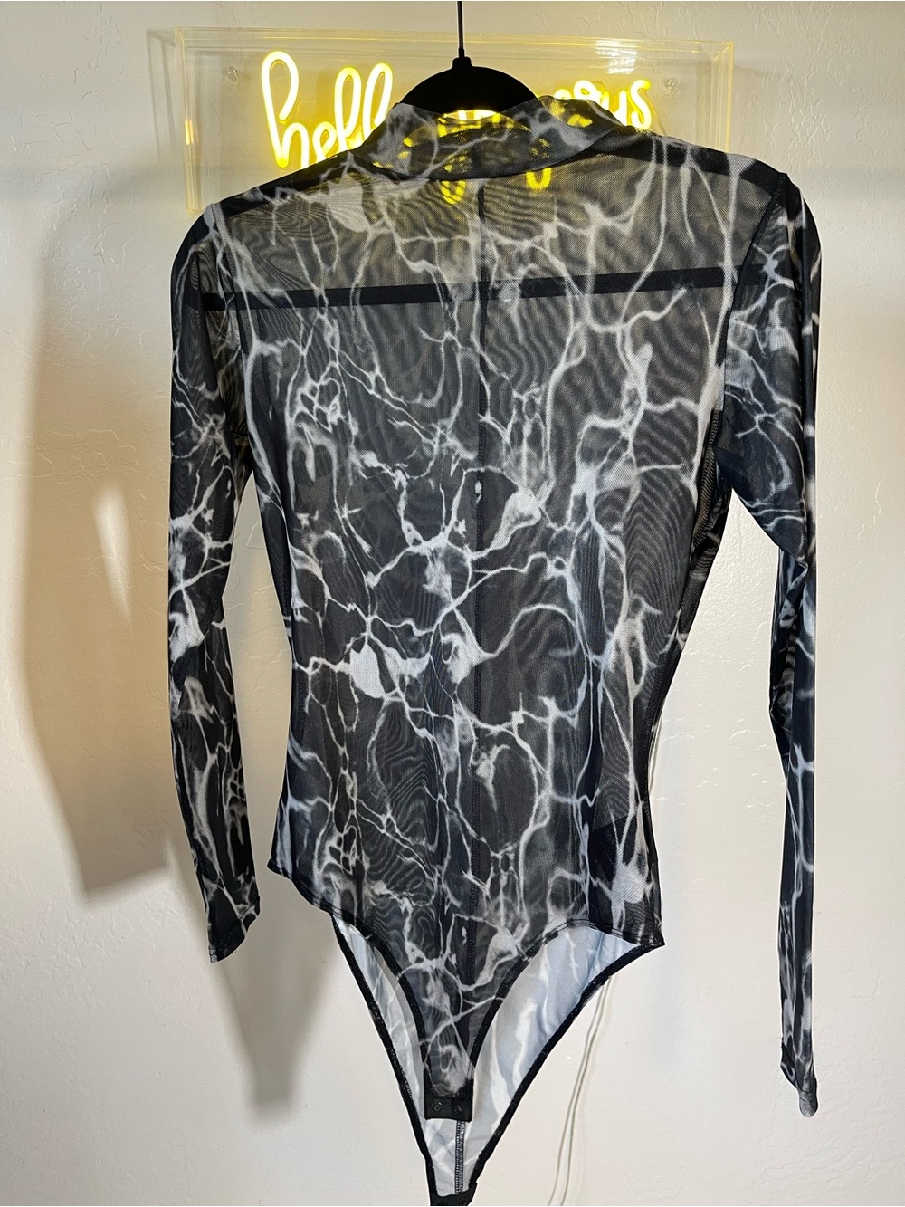 Disturbia Black & White Marble Mesh Bodysuit with Tag Detail
